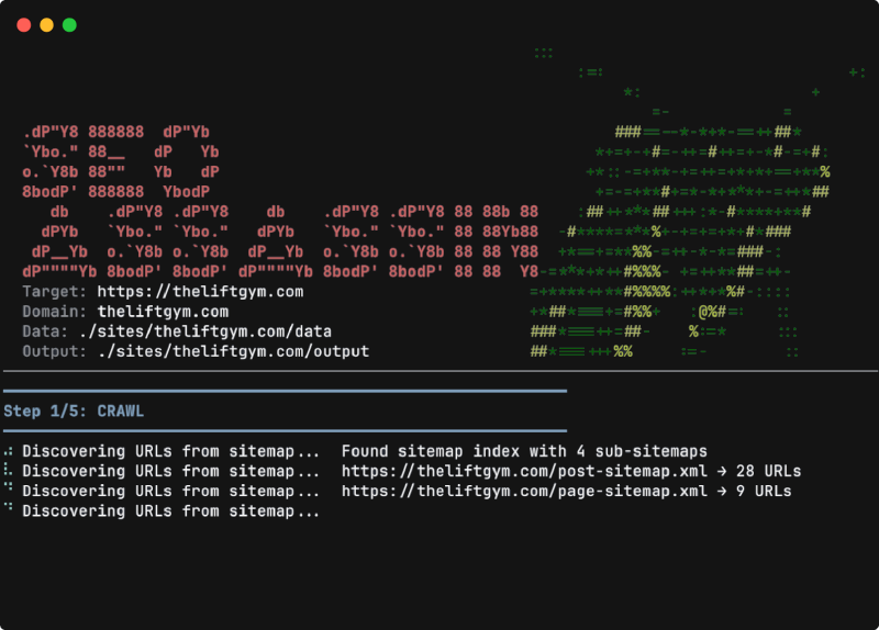 SEO Assassin pipeline running a site crawl in the terminal